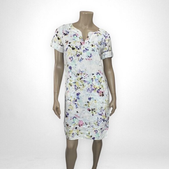 J. Floral Linen Short Sleeve Shift Dress With Rolled Cuff Sleeves & Button Detai - Picture 1 of 10